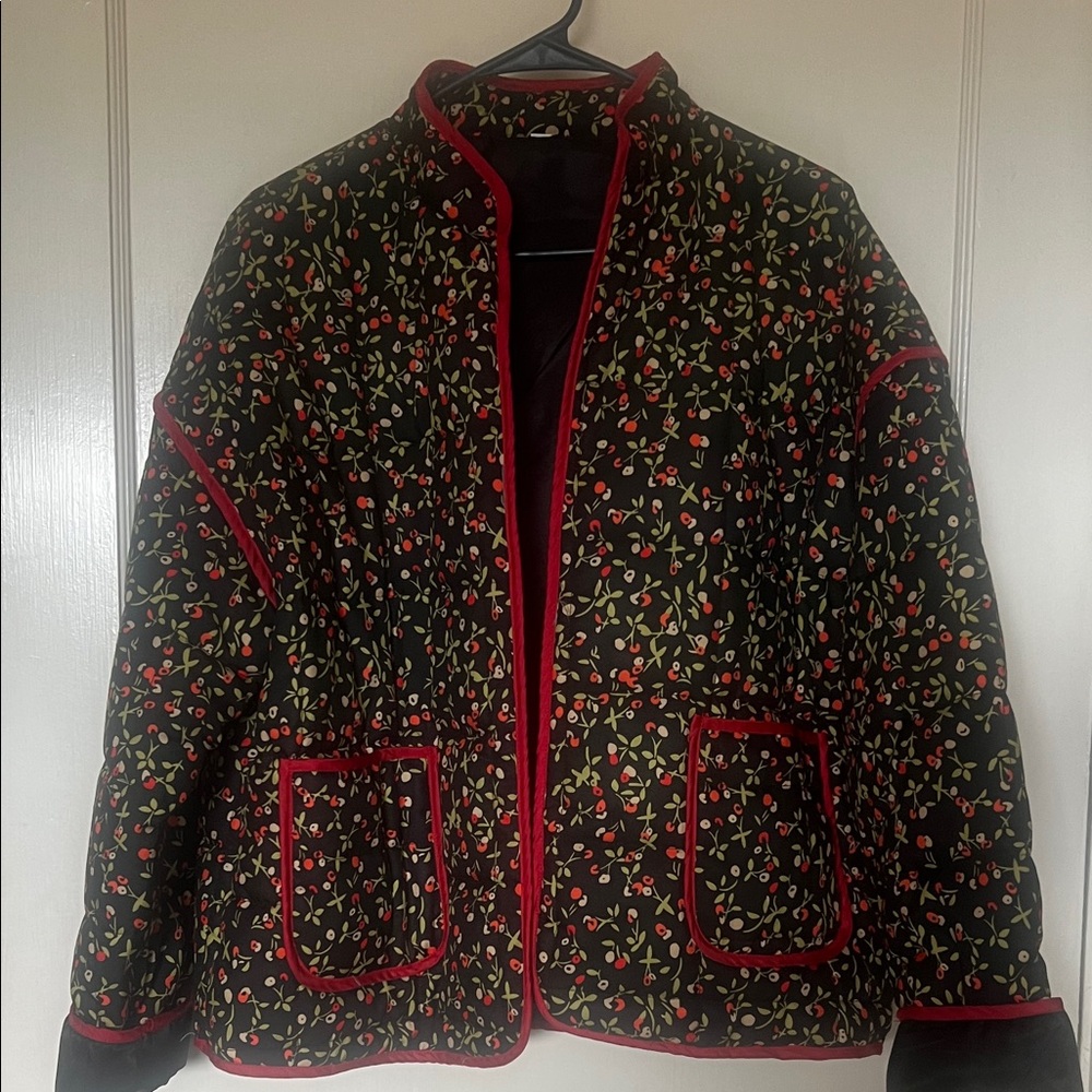 Black Floral Quilted Blazer Jacket with Red Trim
